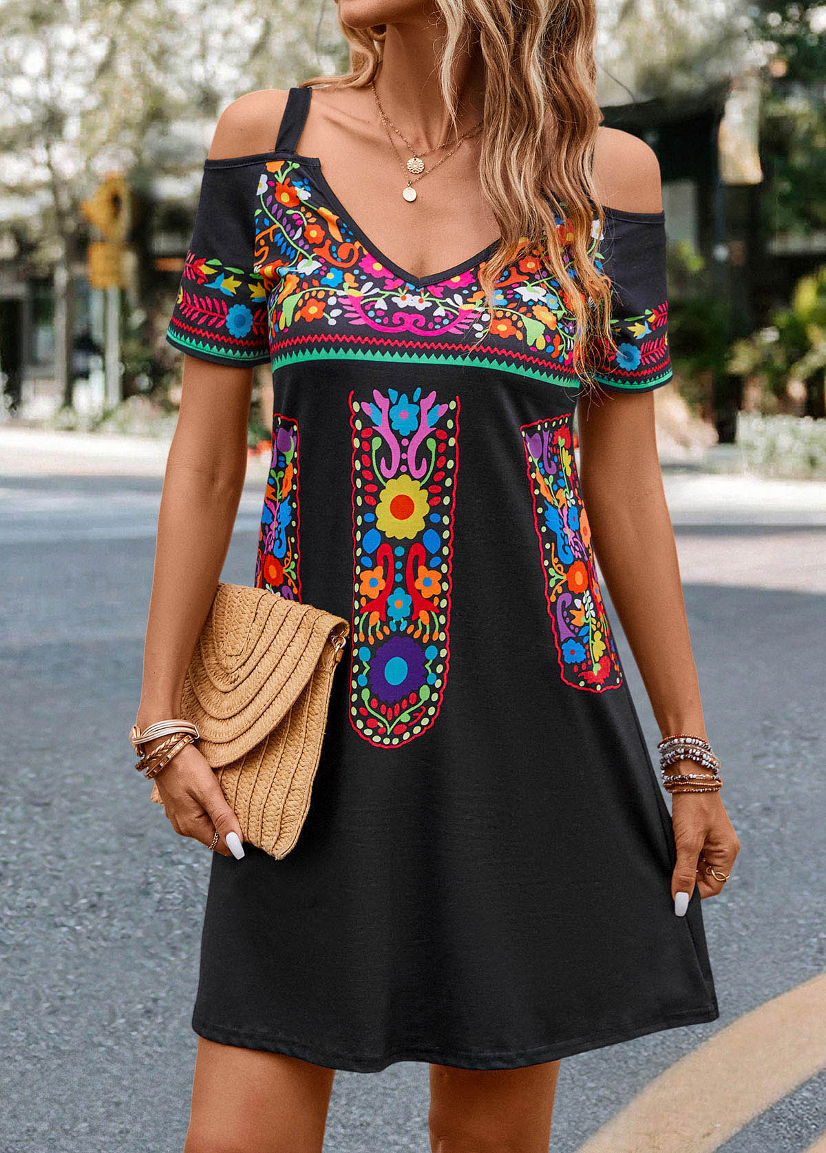 Mozambique Off Shoulder Short Dress Black Brown Tribal Design TS04 main image 0
