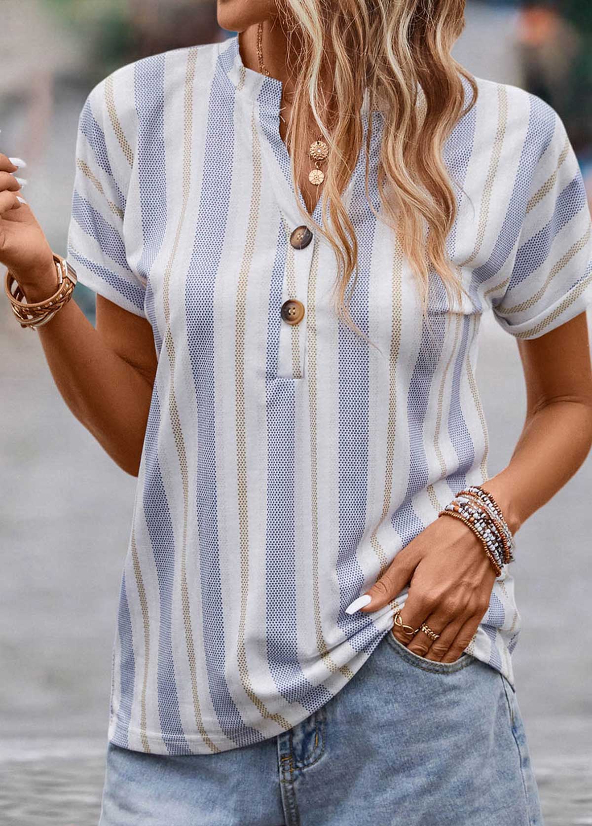 Multi Color Button Striped Short Sleeve Blouse