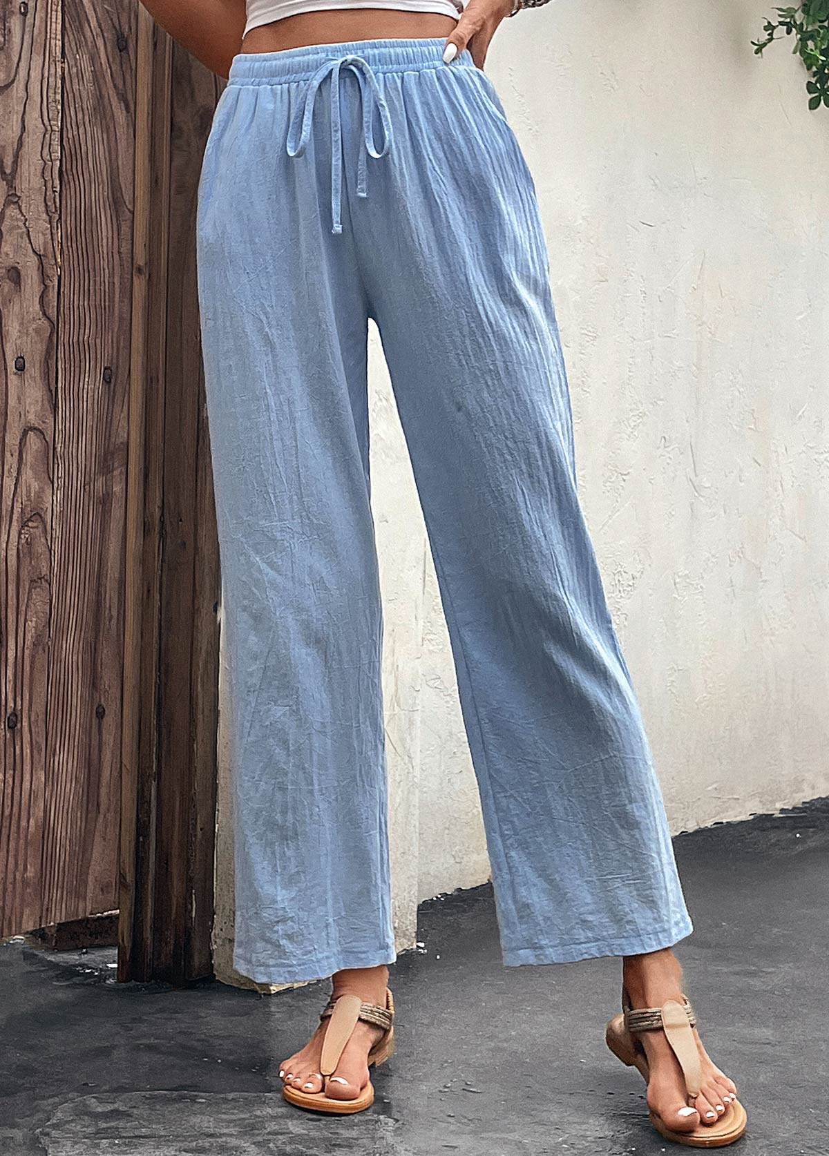 Light Blue Pocket Drawastring High Waisted Pants | picture 