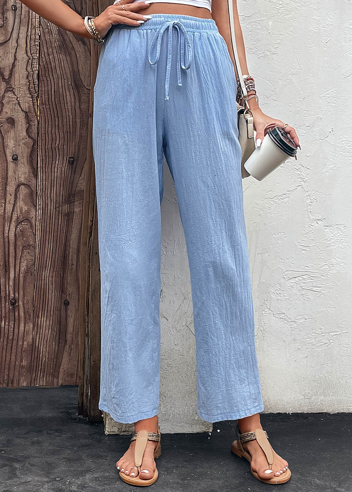 Light Blue Pocket Drawastring High Waisted Pants | picture 
