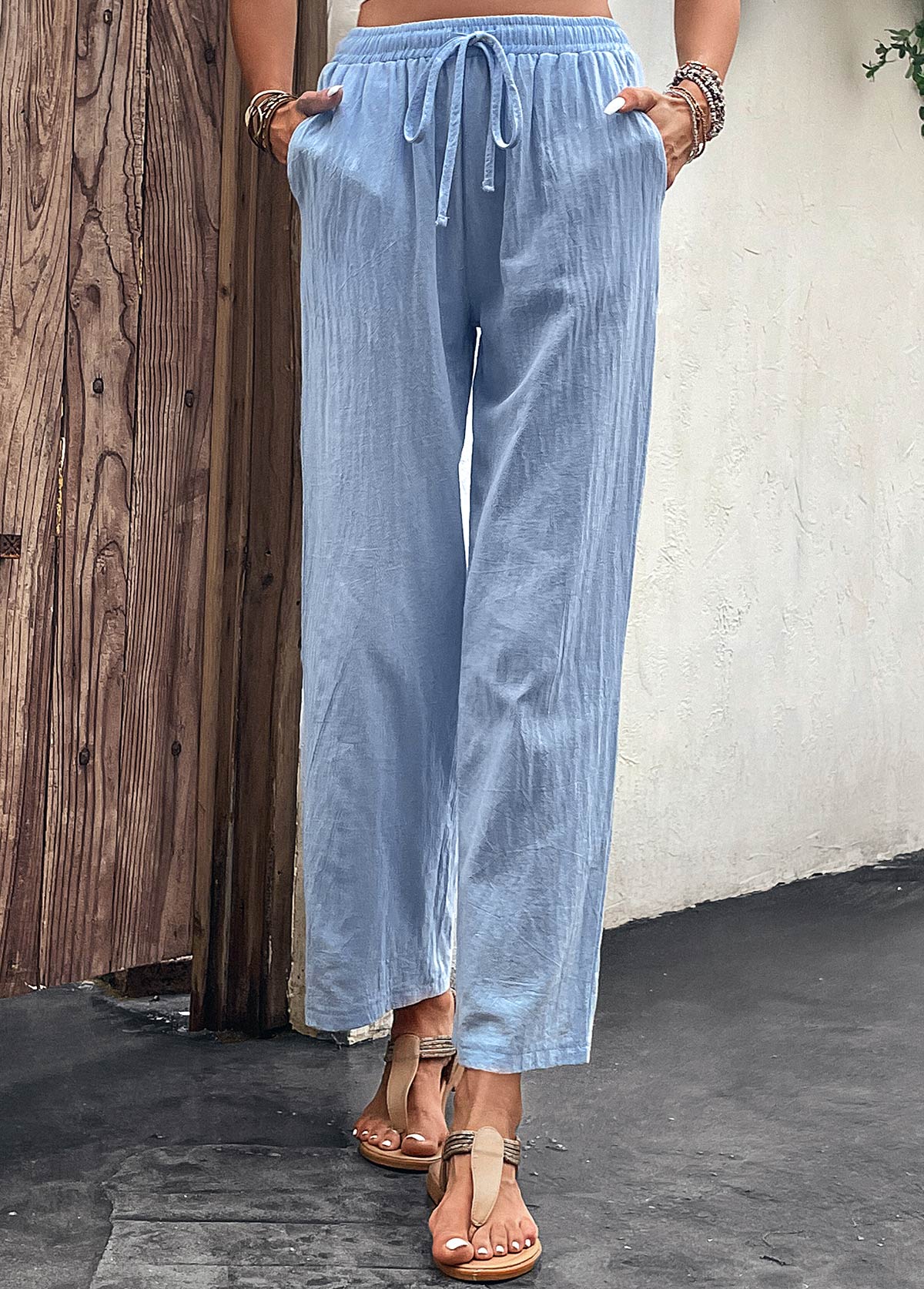 Light Blue Pocket Drawastring High Waisted Pants | picture 