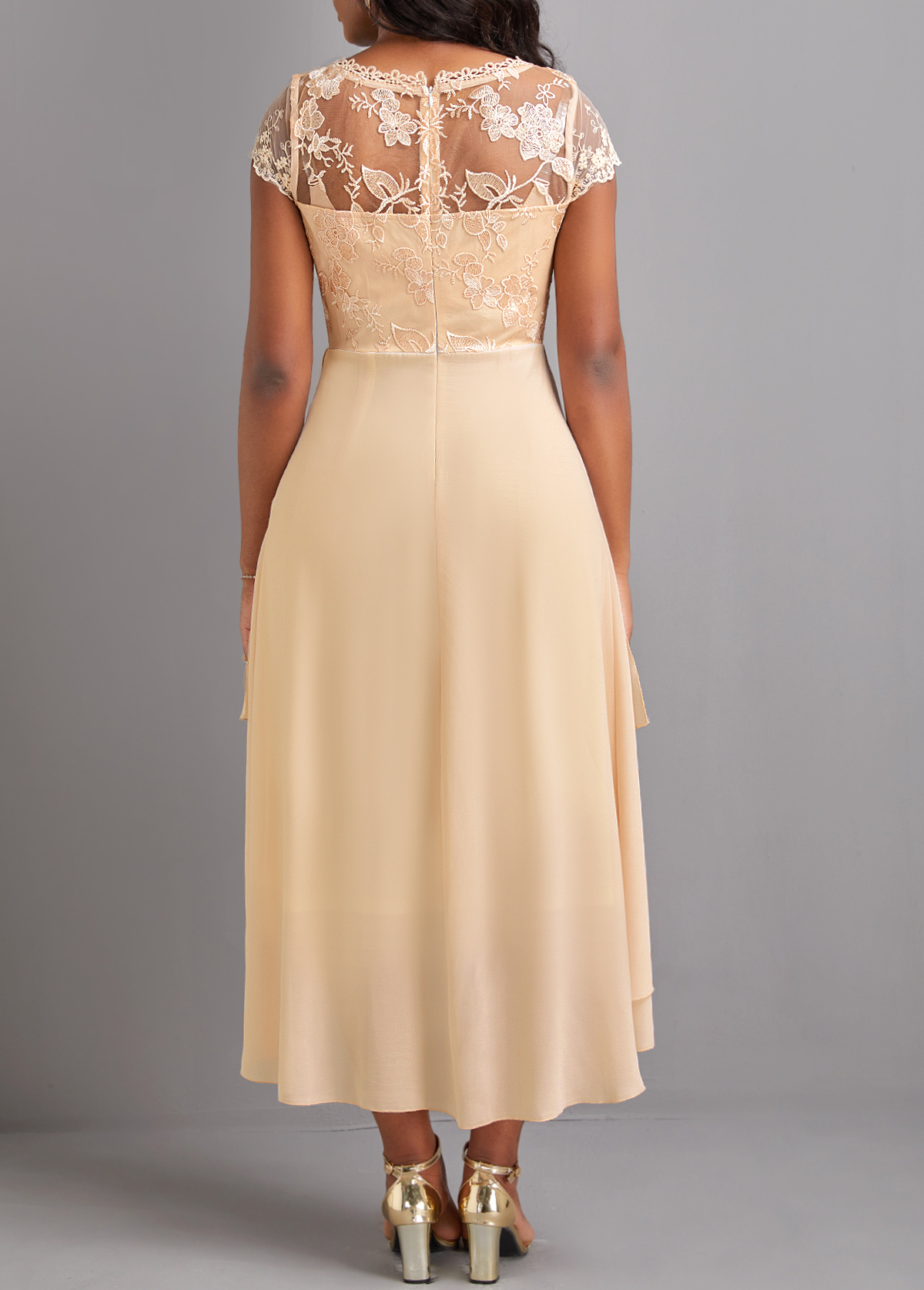 Champagne Lace High Low Short Sleeve Dress