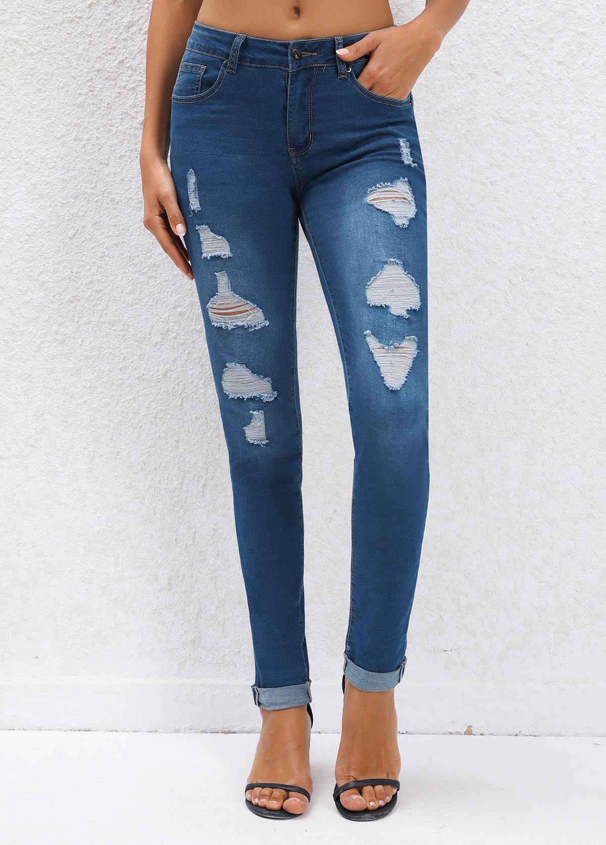Navy Pocket Jogger Button Fly Mid Waisted Jeans