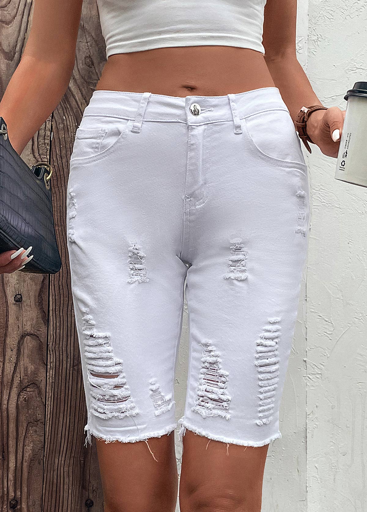 White Pocket Skinny Button Fly Mid Waisted Denim Shorts
