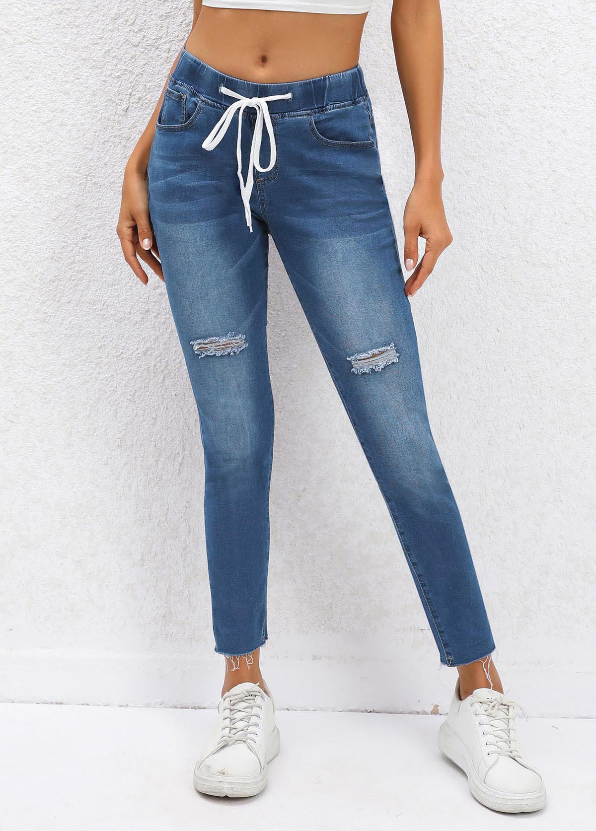 Dark Blue Pocket Skinny Drawastring Mid Waisted Jeans