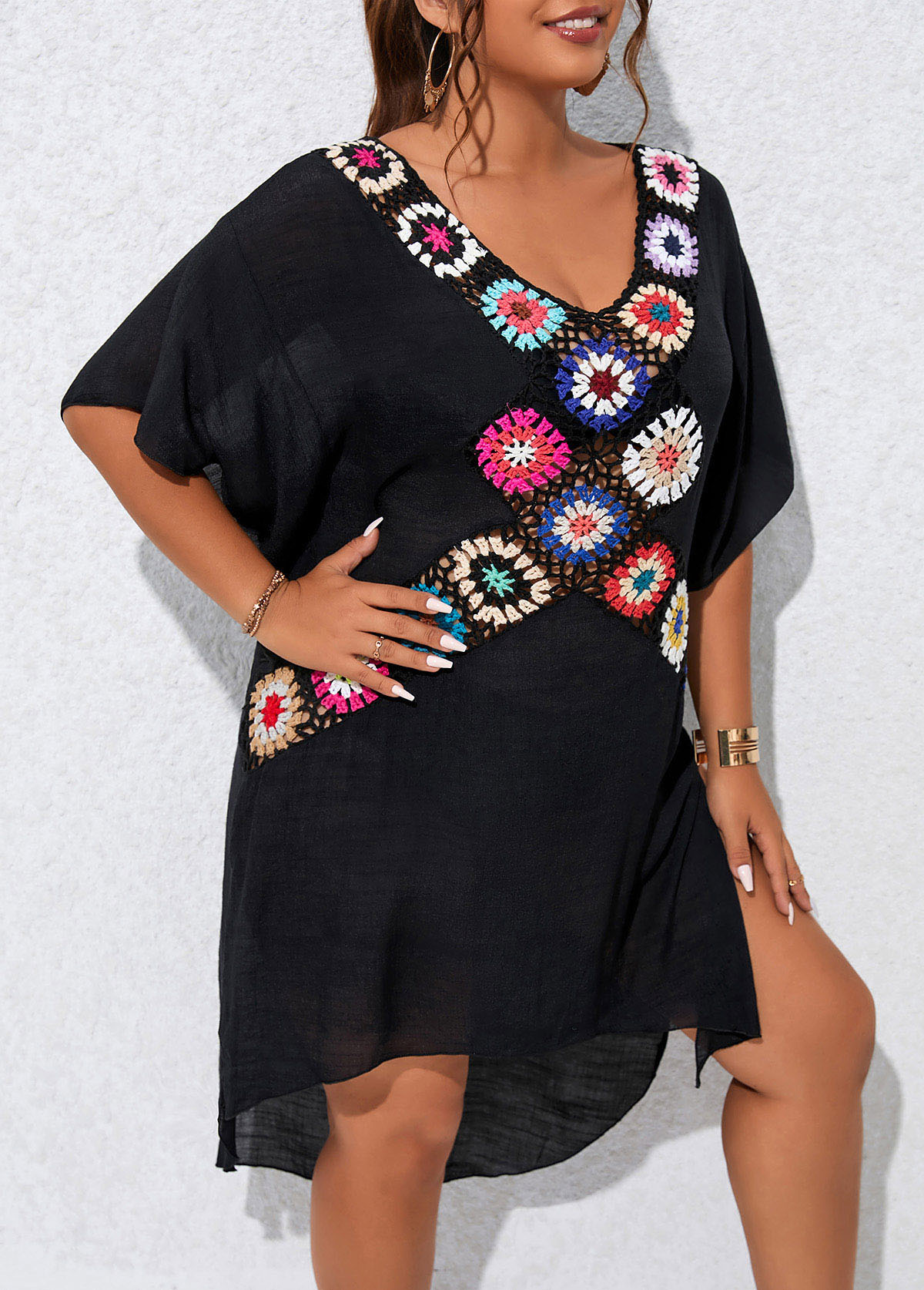 Plus Size Patchwork Black Cover Up