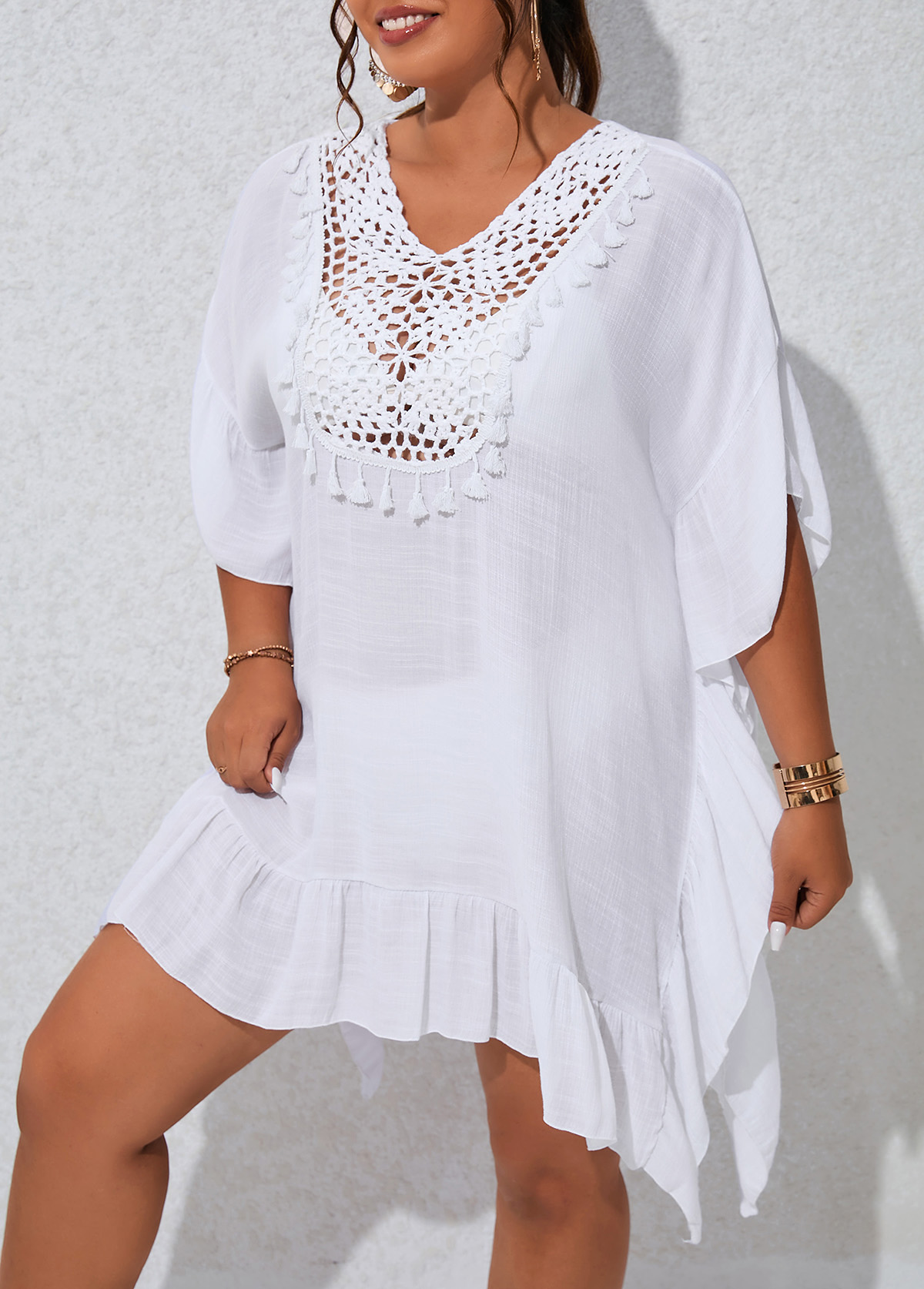 Plus Size Tassel Patchwork White Cover Up