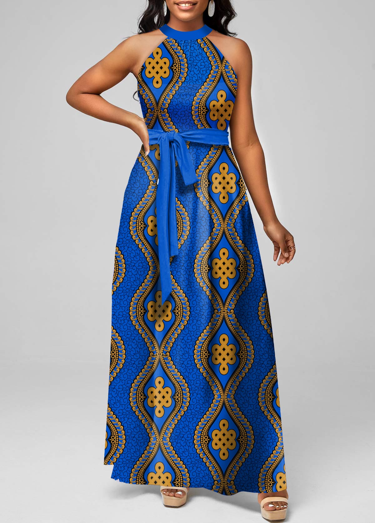 Blue Tie Tribal Print Belted Sleeveless Maxi Dress
