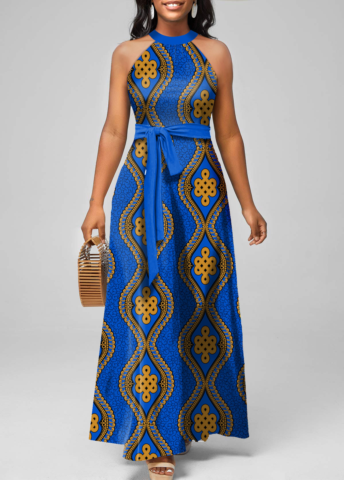 Blue Tie Tribal Print Belted Sleeveless Maxi Dress