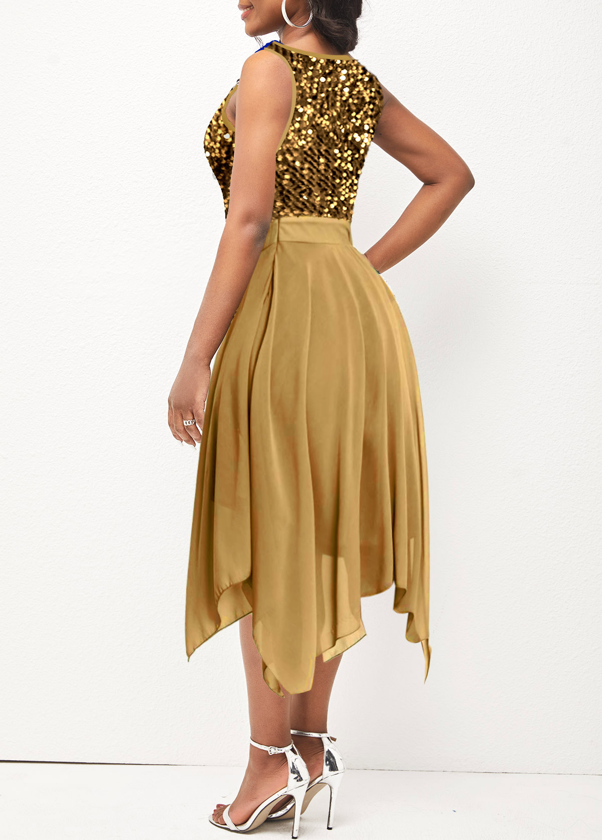 Golden Sequin Sleeveless V Neck Dress