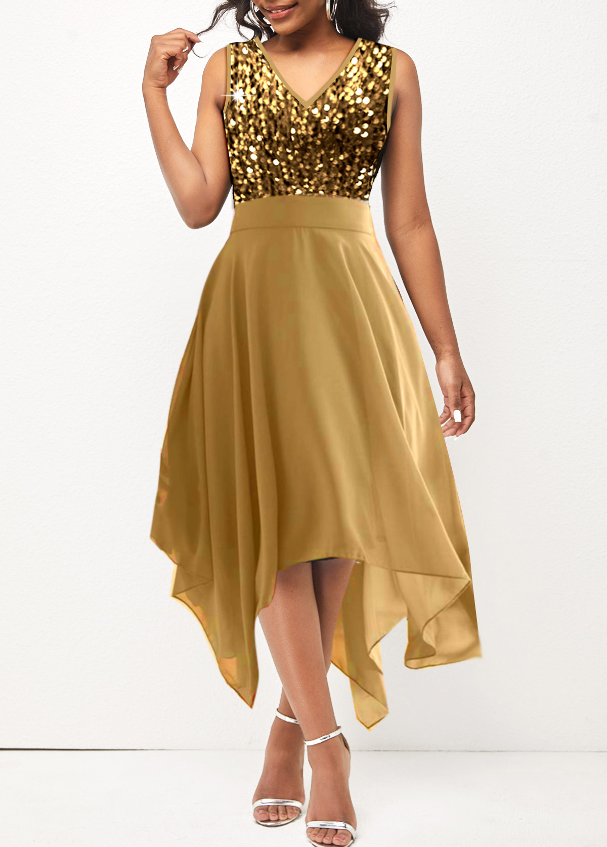 Golden Sequin Sleeveless V Neck Dress