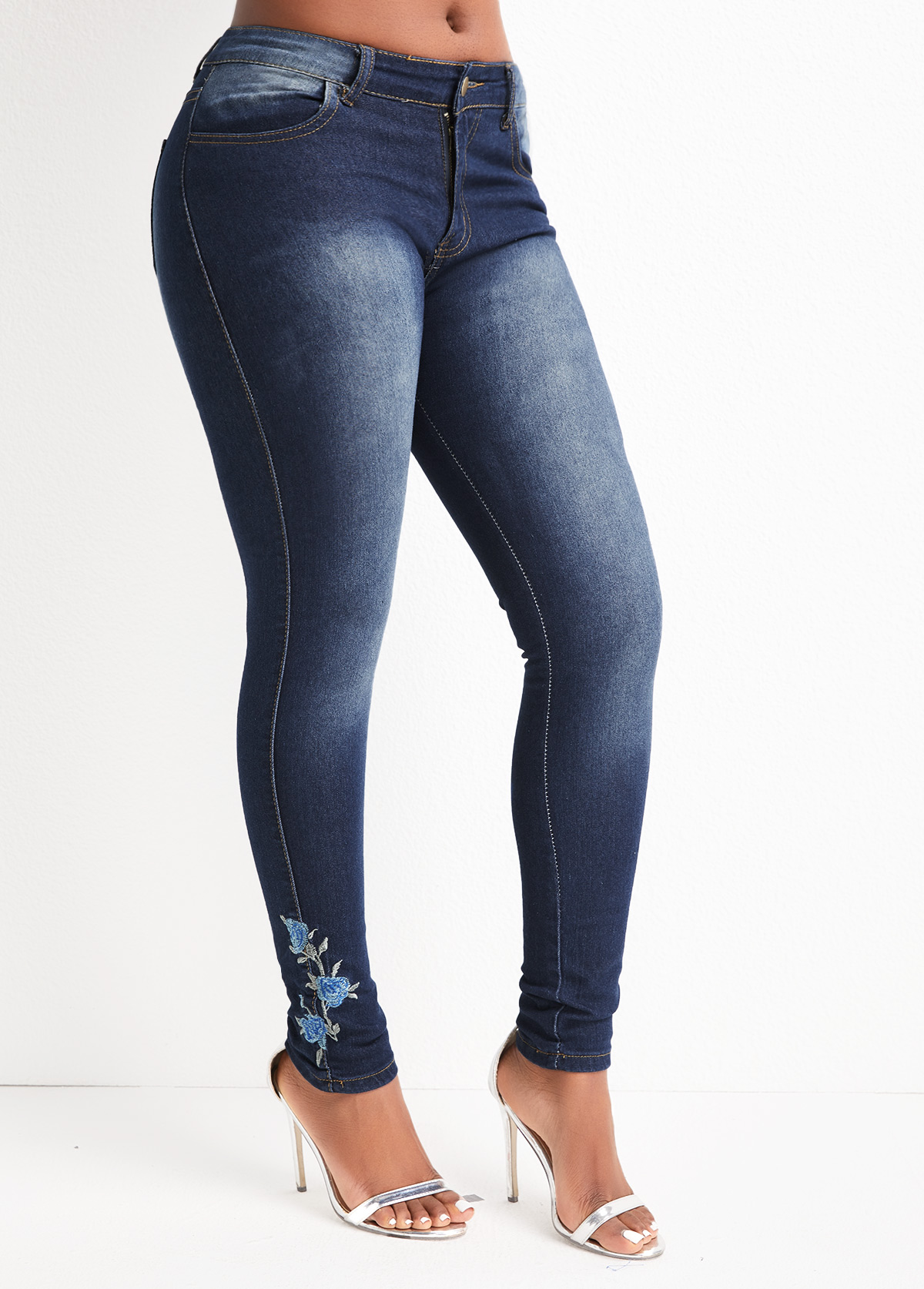 Denim Blue Embroidery Floral Print Skinny Zipper Fly Jeans