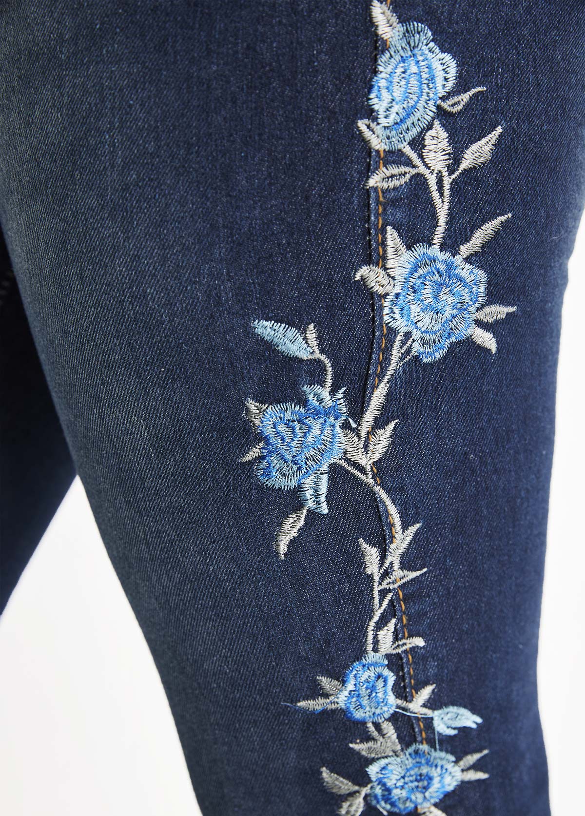 Denim Blue Embroidery Floral Print Skinny Zipper Fly Jeans