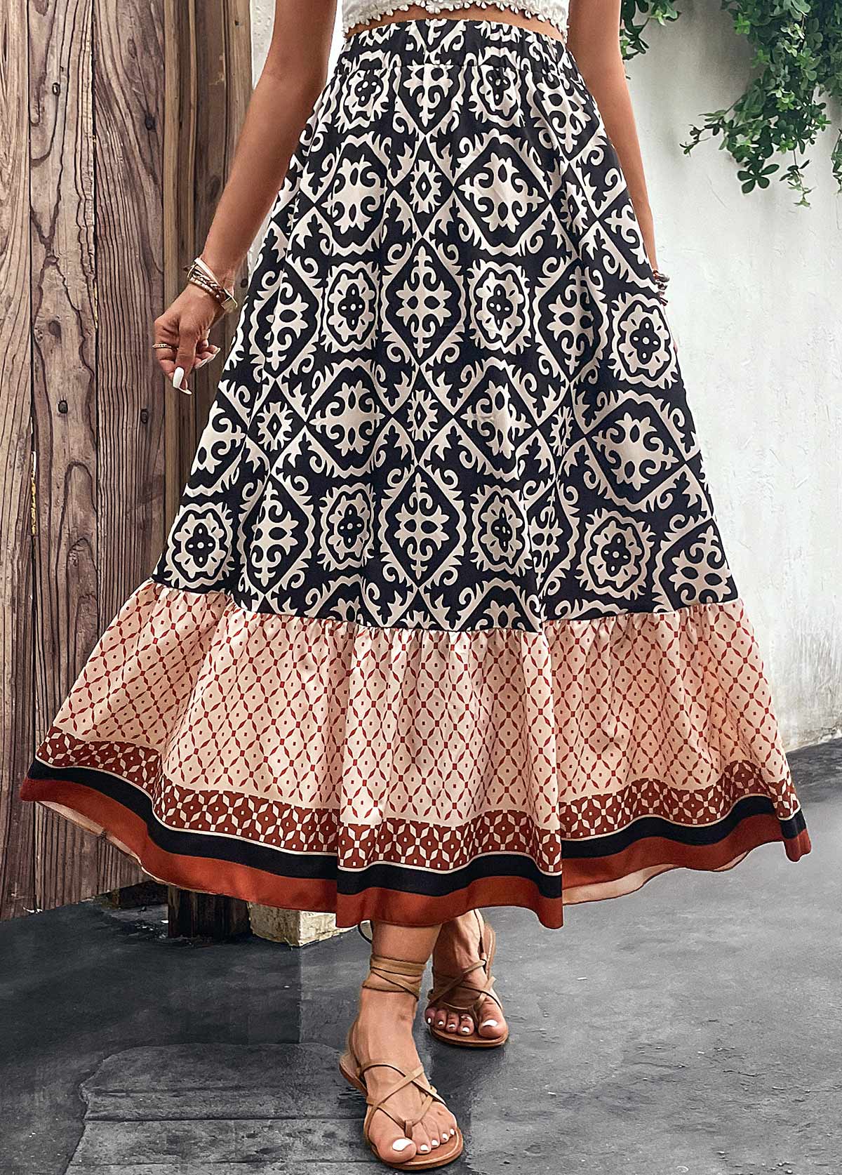 Multi Color Patchwork Tribal Print Maxi Skirt