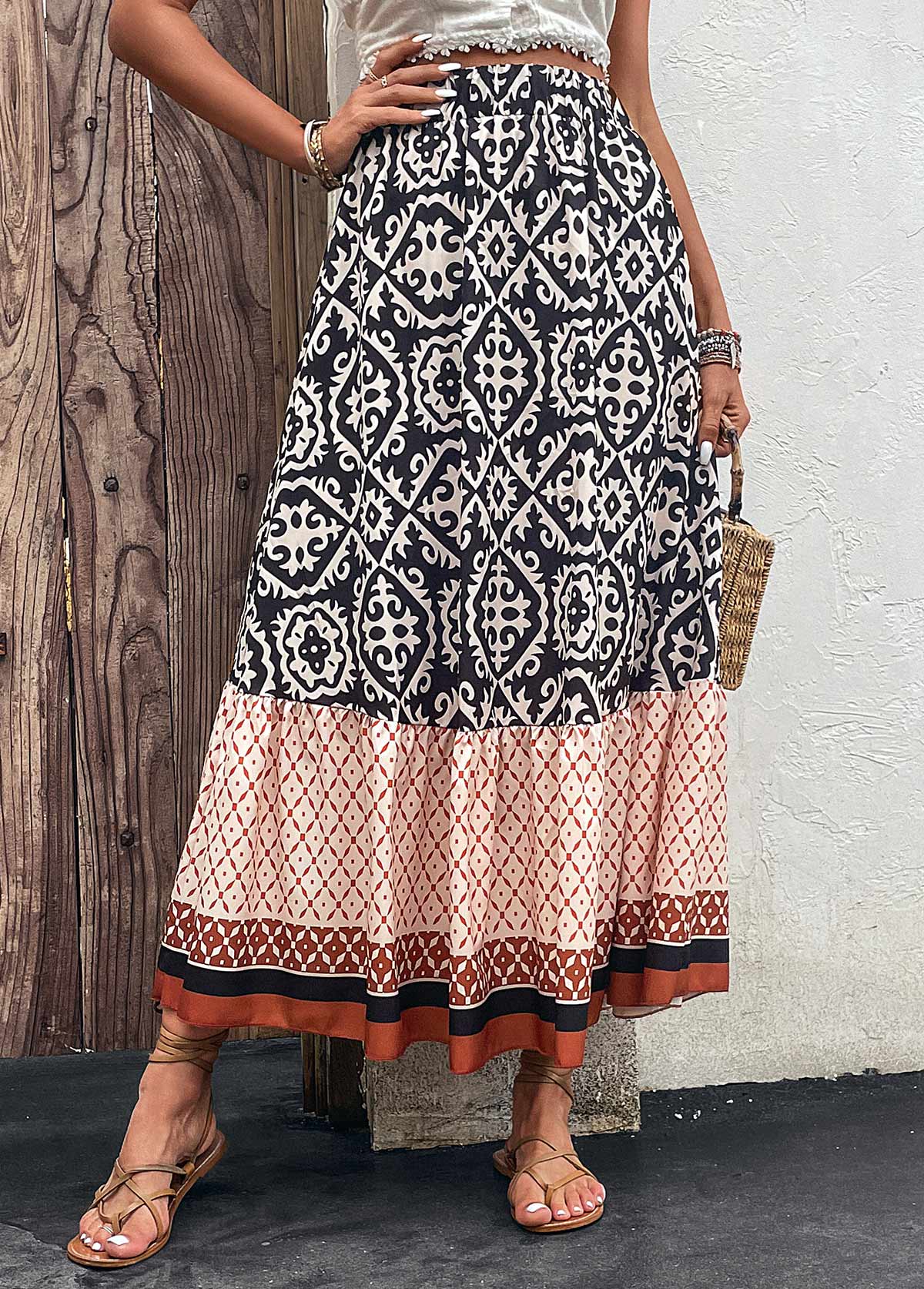 Multi Color Patchwork Tribal Print Maxi Skirt | modlily.com - USD 24.98