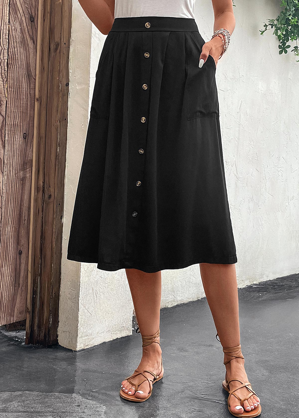 Black Button A Line Elastic Waist Skirt | modlily.com - USD 26.98