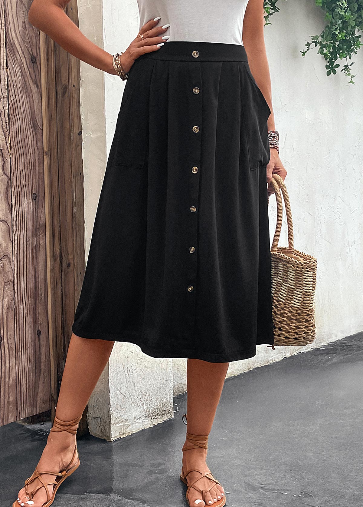 Black Button A Line Elastic Waist Skirt | modlily.com - USD 27.98