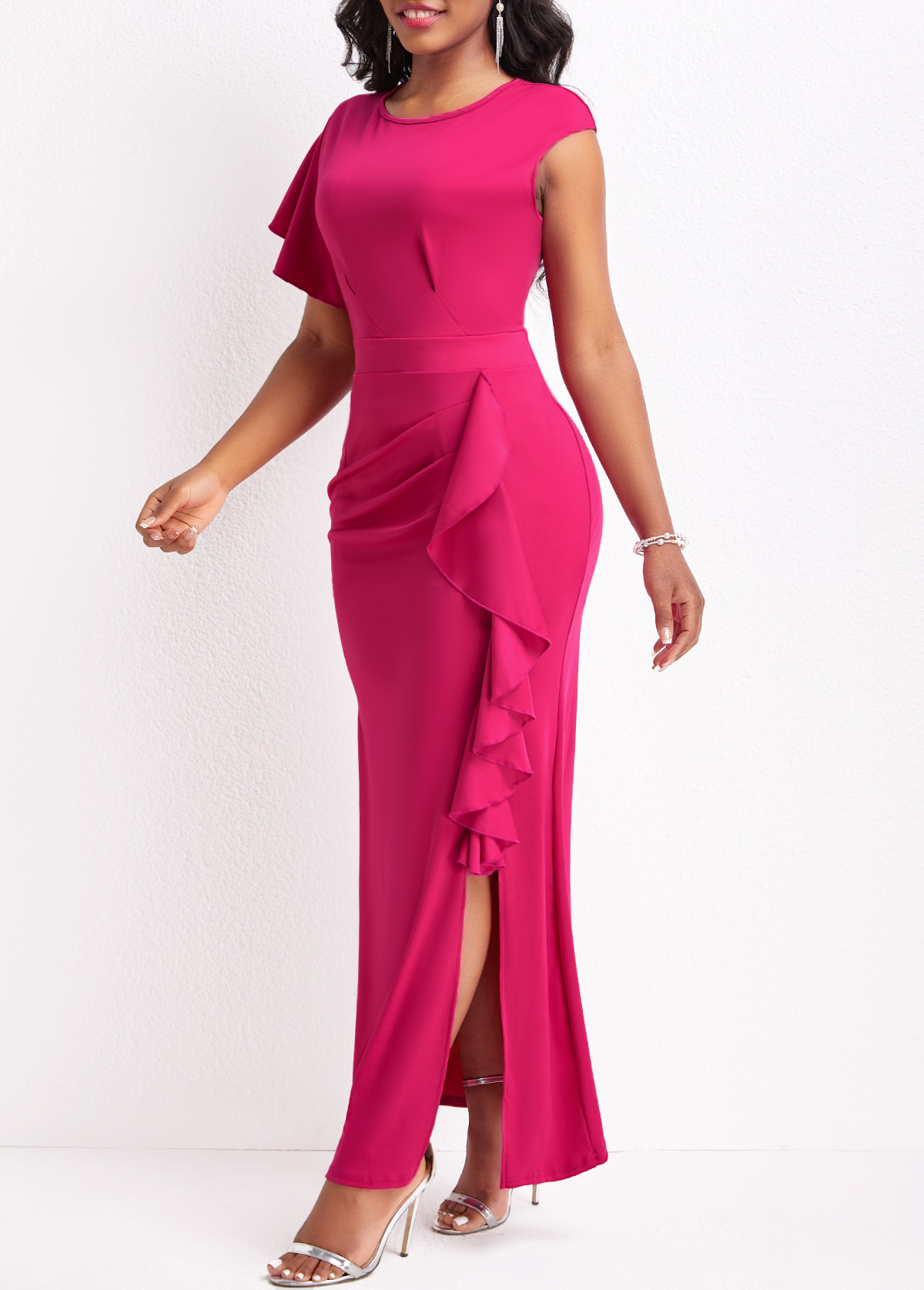 Hot Pink Ruffle Short Sleeve Dress