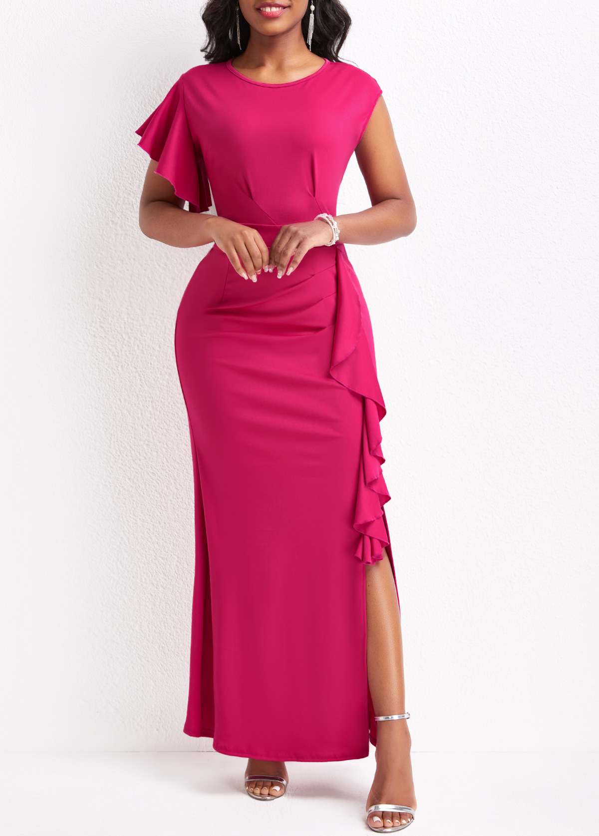 Hot Pink Ruffle Short Sleeve Dress