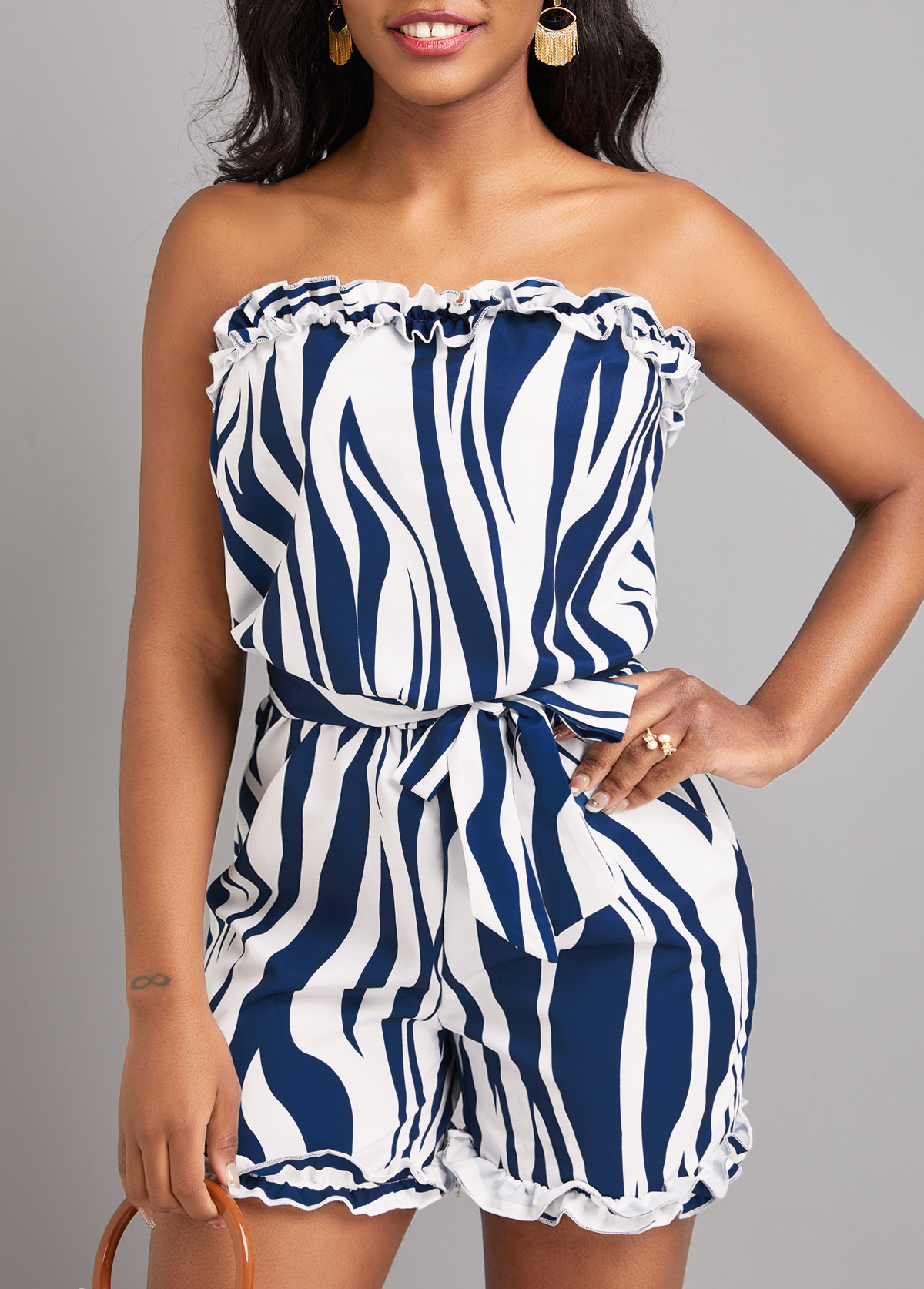 Navy Frill Striped Short Belted Sleeveless Bandeau Romper