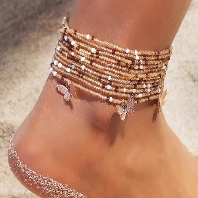 Gold Butterfly Beads Detail Layered Anklet Set