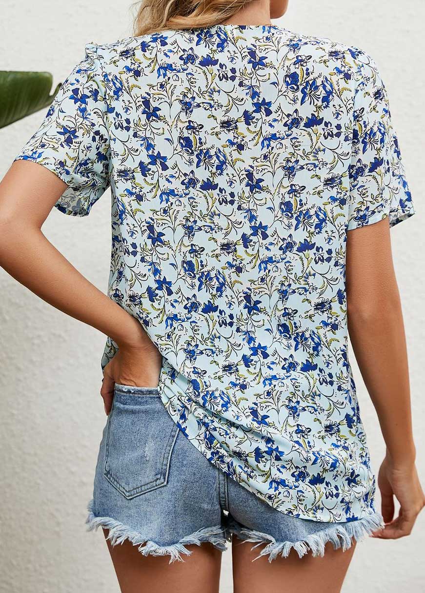 Light Blue Patchwork Floral Print Short Sleeve Blouse | picture 