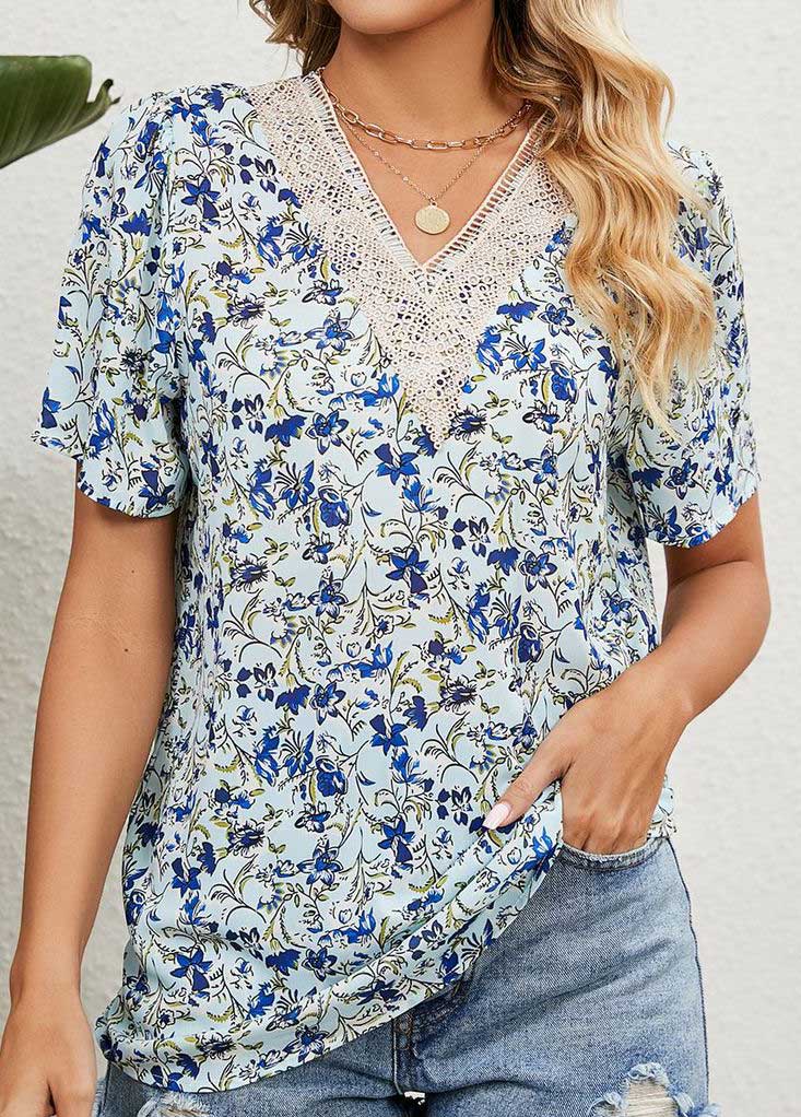 Light Blue Patchwork Floral Print Short Sleeve Blouse | picture 