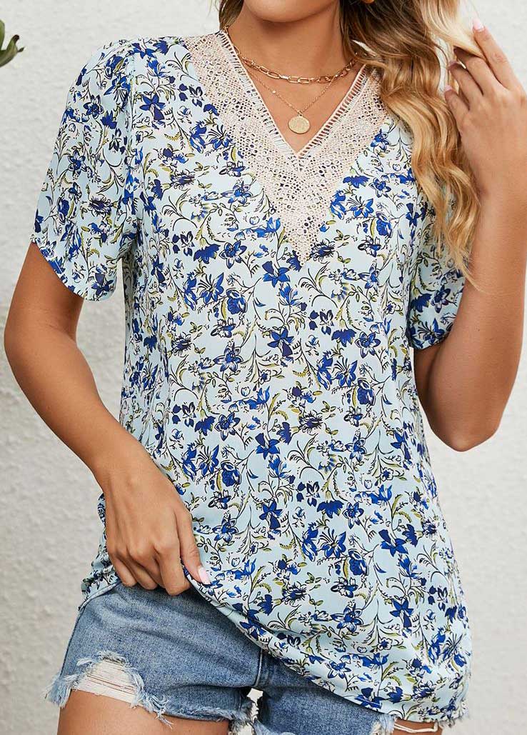 Light Blue Patchwork Floral Print Short Sleeve Blouse | picture 