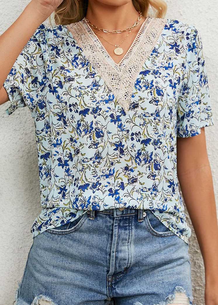 Light Blue Patchwork Floral Print Short Sleeve Blouse | picture 