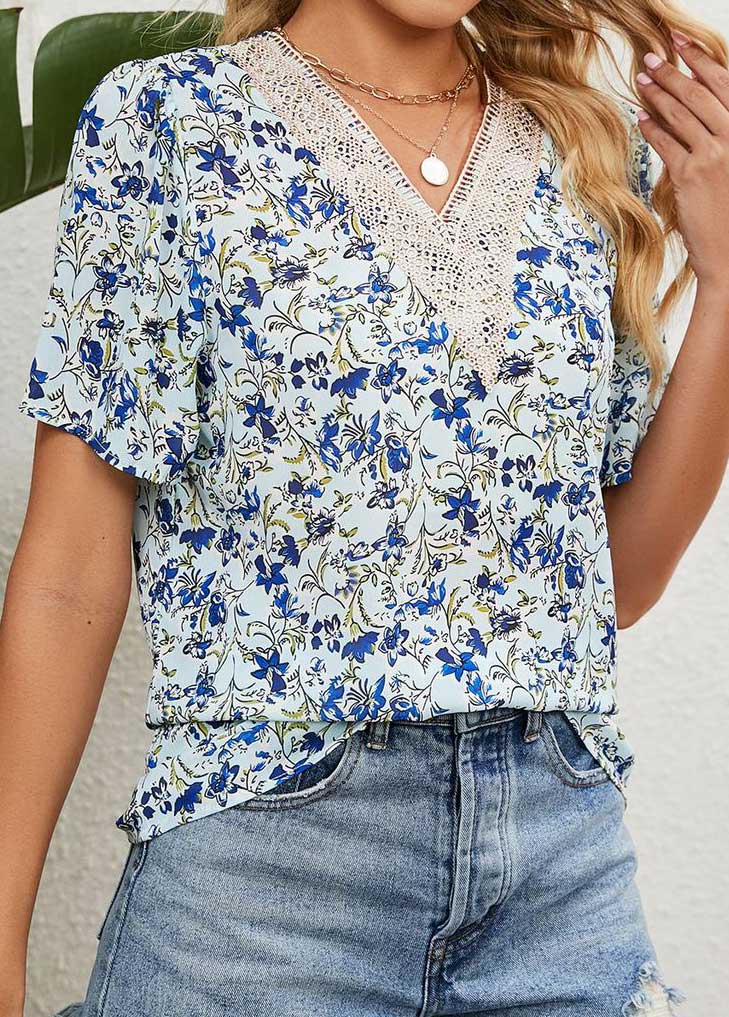 Light Blue Patchwork Floral Print Short Sleeve Blouse | picture 