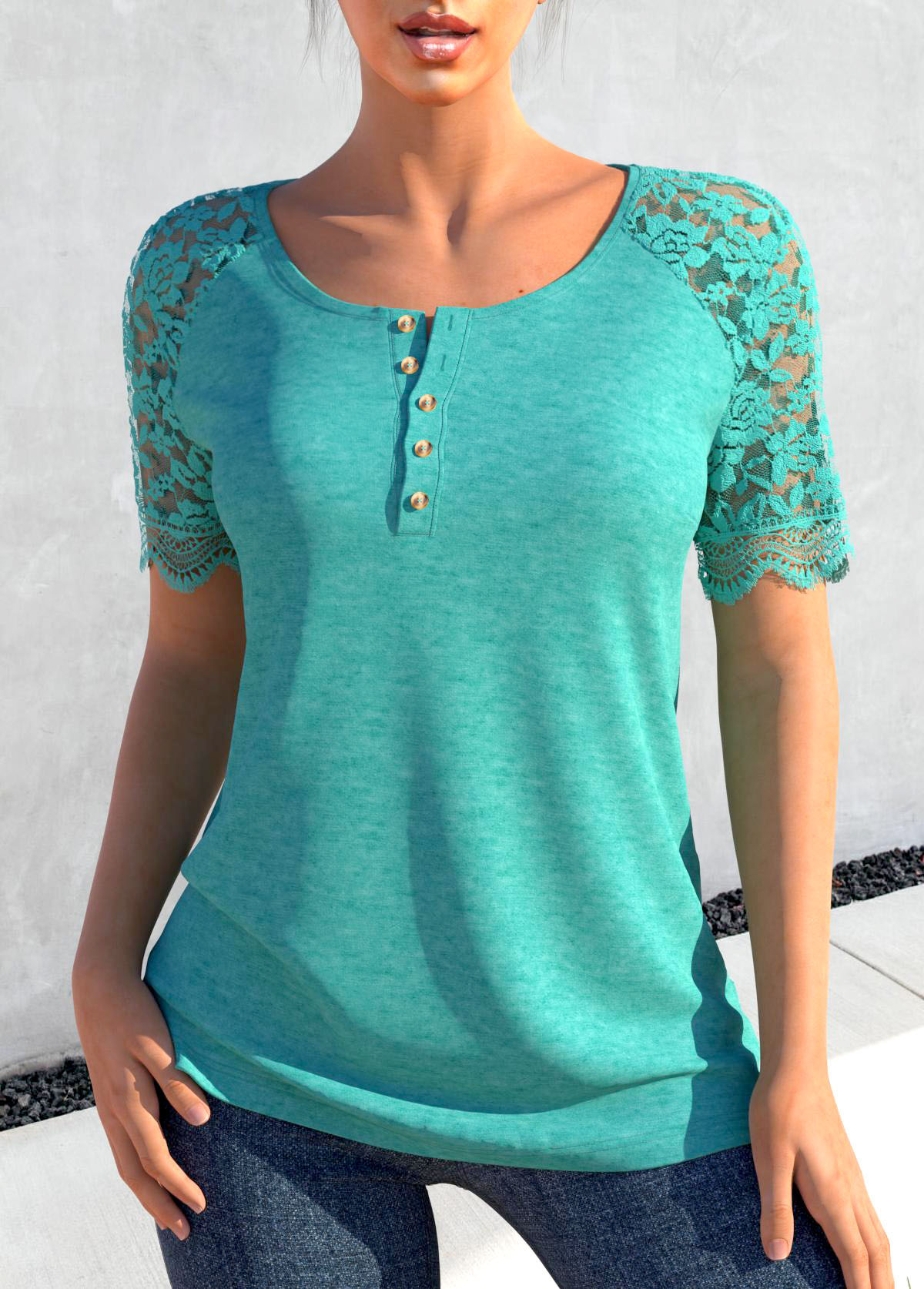 Turquoise Lace Short Sleeve Round Neck T Shirt