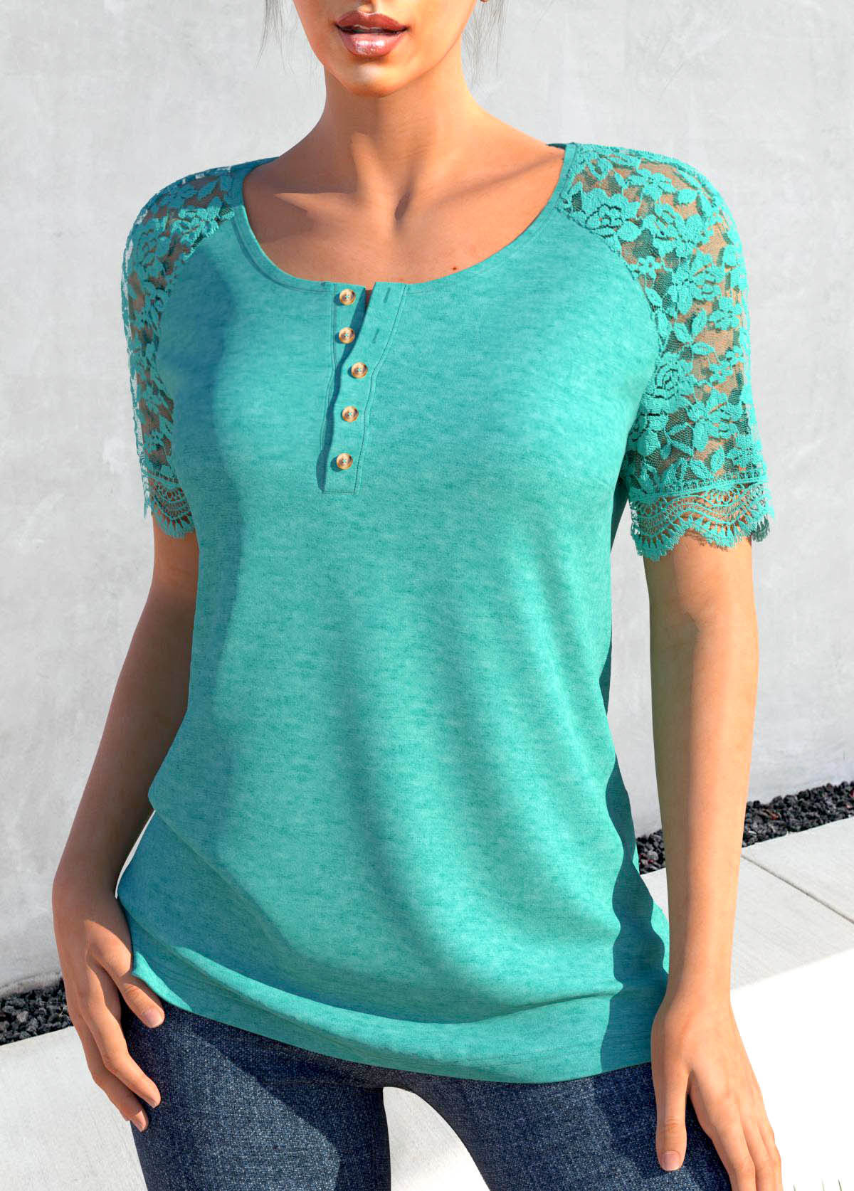 Turquoise Lace Short Sleeve Round Neck T Shirt