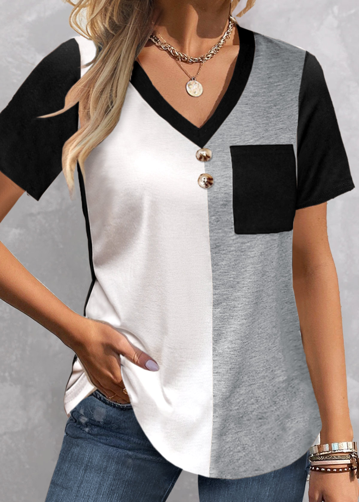 Black Patchwork Short Sleeve V Neck T Shirt | picture 