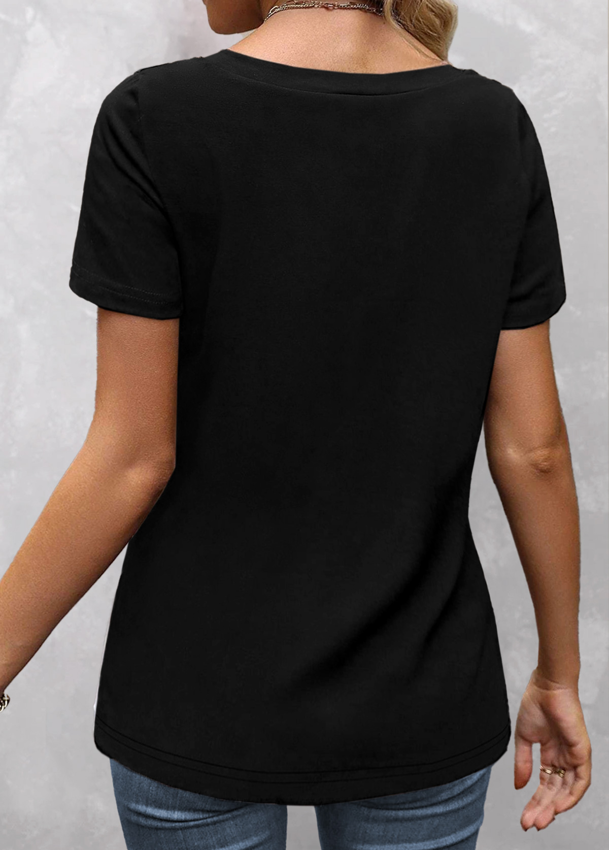 Black Patchwork Short Sleeve V Neck T Shirt