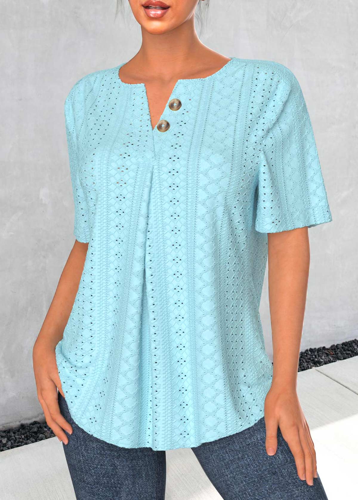 Light Blue Jacquard Short Sleeve Split Neck Blouse | picture 