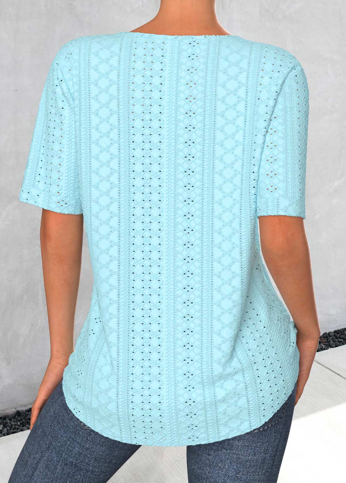Light Blue Jacquard Short Sleeve Split Neck Blouse | picture 