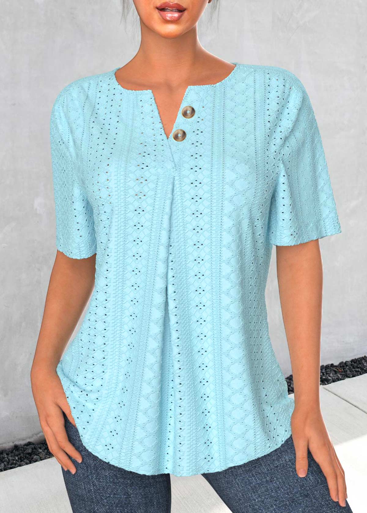 Light Blue Jacquard Short Sleeve Split Neck Blouse | picture 