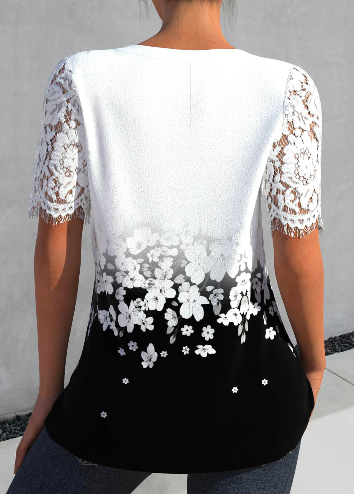 White Lace Floral Print Short Sleeve Blouse