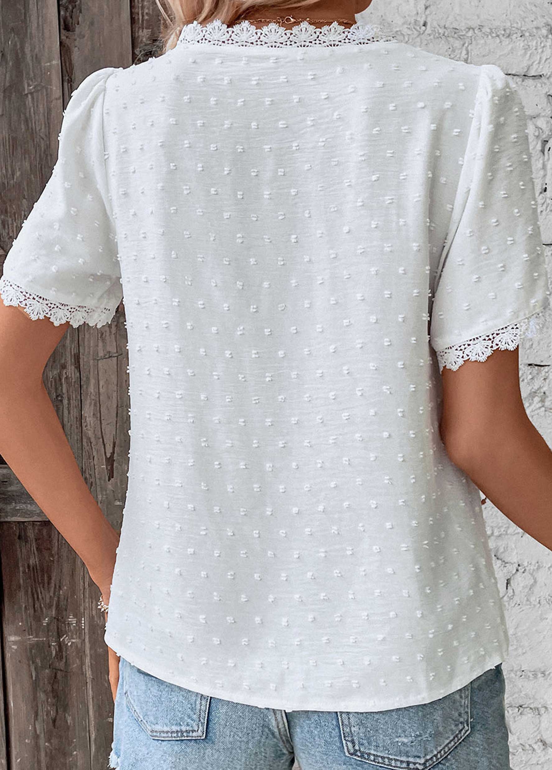 White Lace Short Sleeve V Neck T Shirt