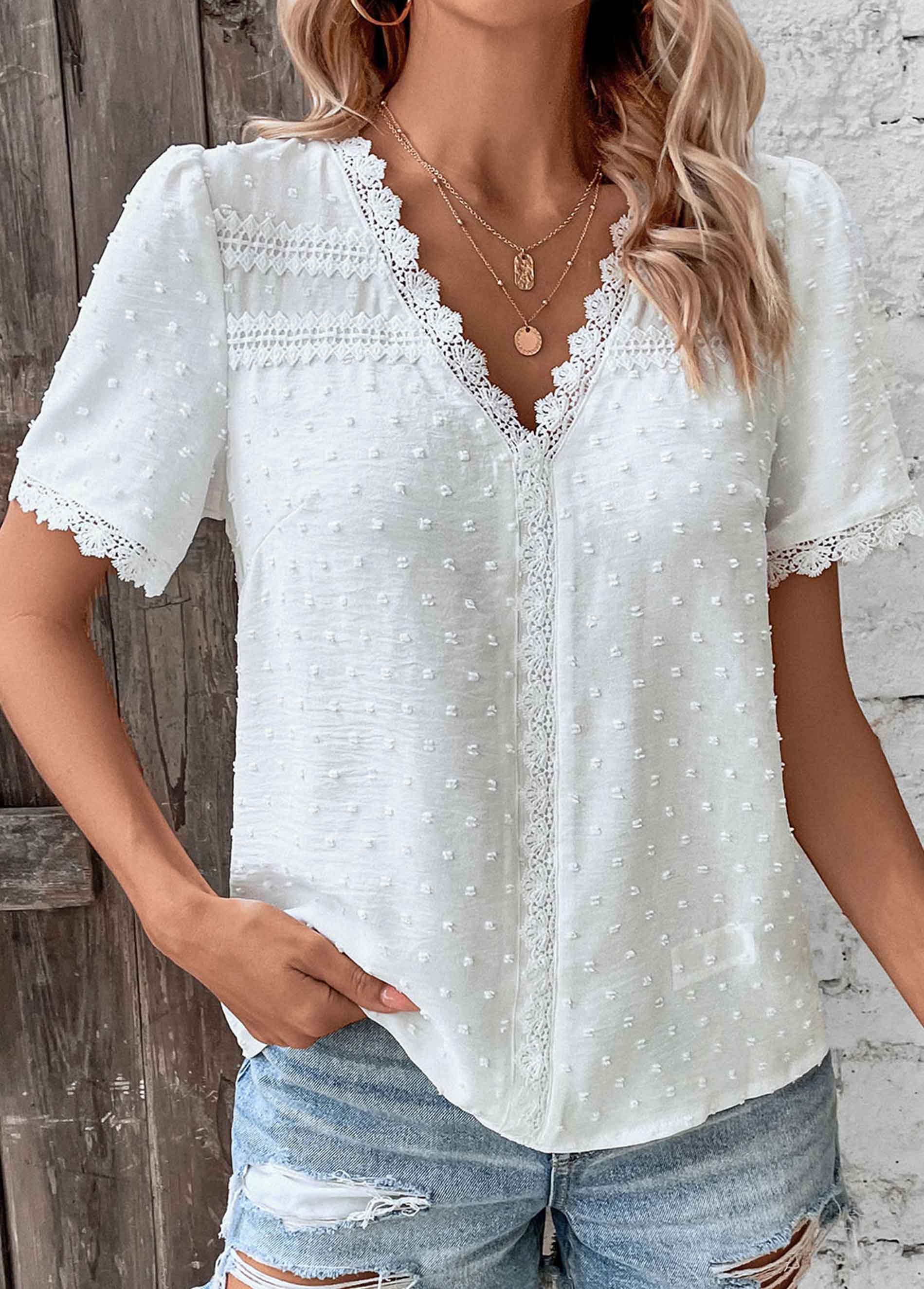 White Lace Short Sleeve V Neck T Shirt | picture 