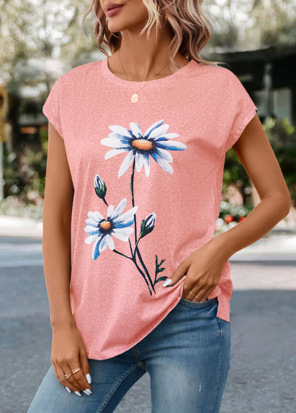 Pink Floral Print Short Sleeve T Shirt