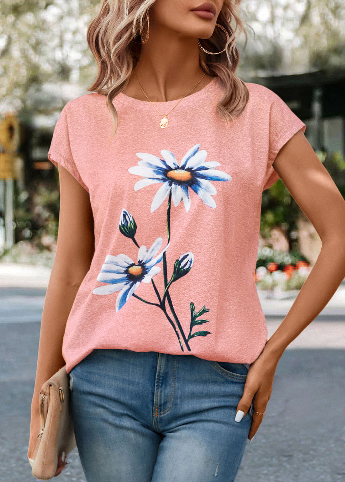 Pink Floral Print Short Sleeve T Shirt