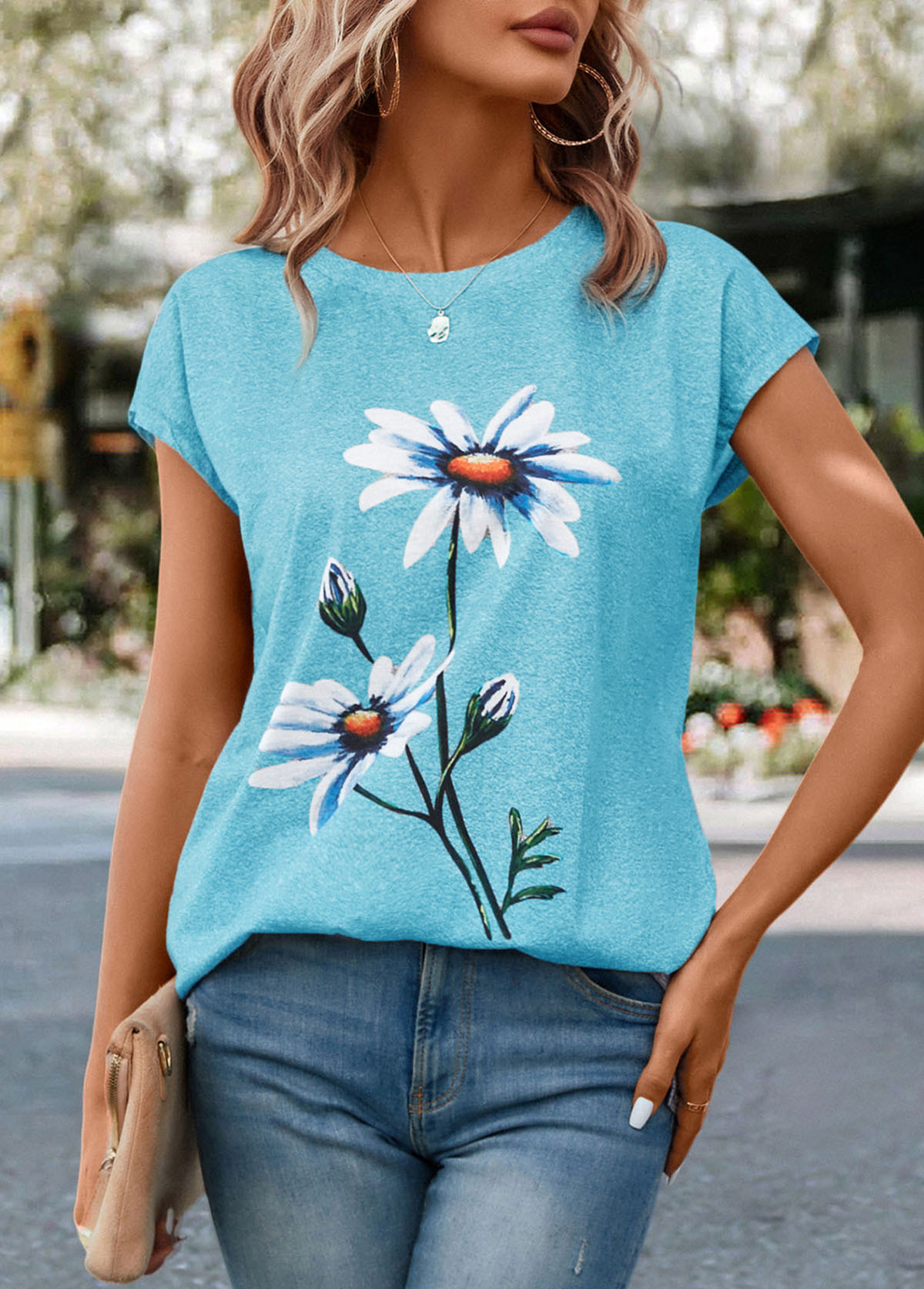 Sky Blue Floral Print Short Sleeve T Shirt
