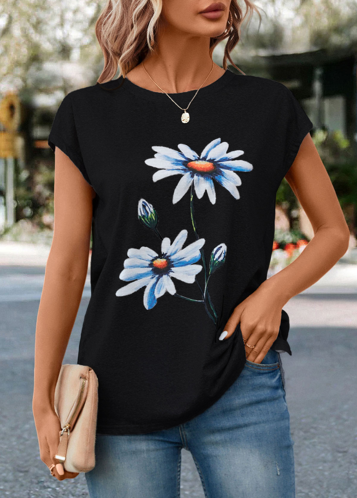 Black Floral Print Short Sleeve T Shirt
