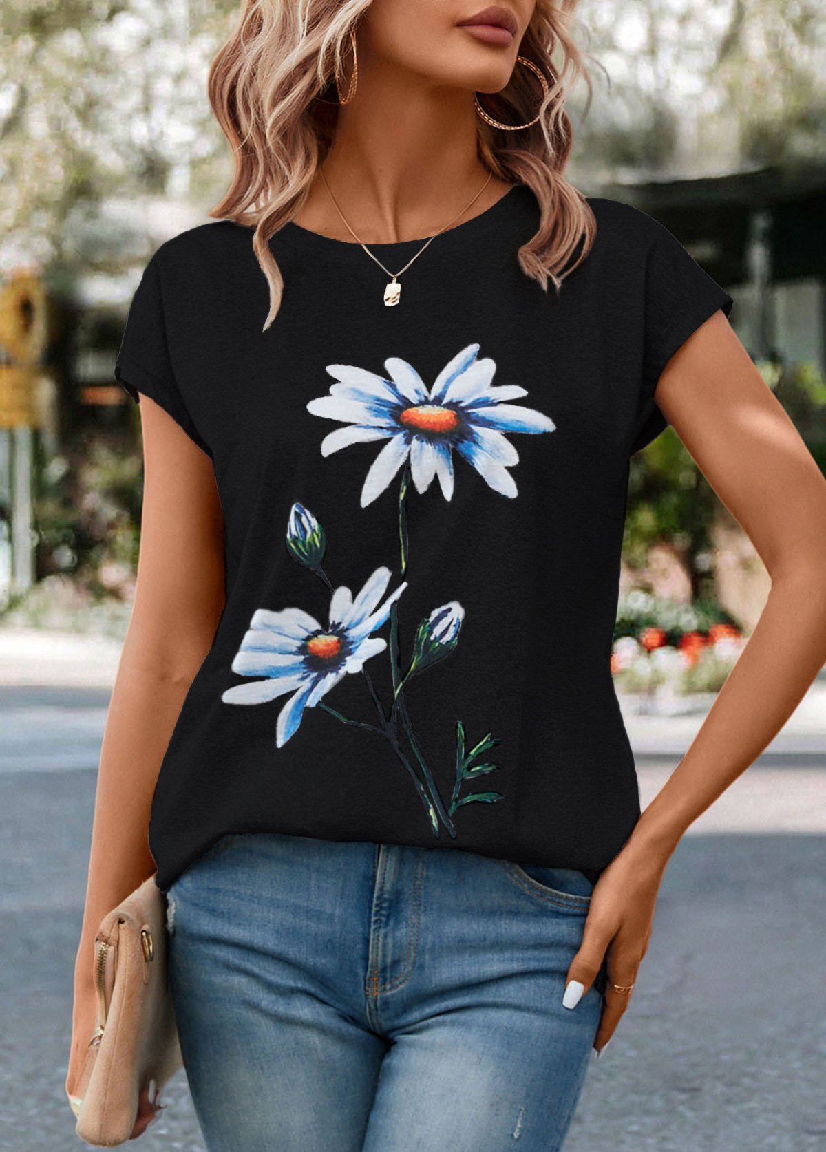 Black Floral Print Short Sleeve T Shirt