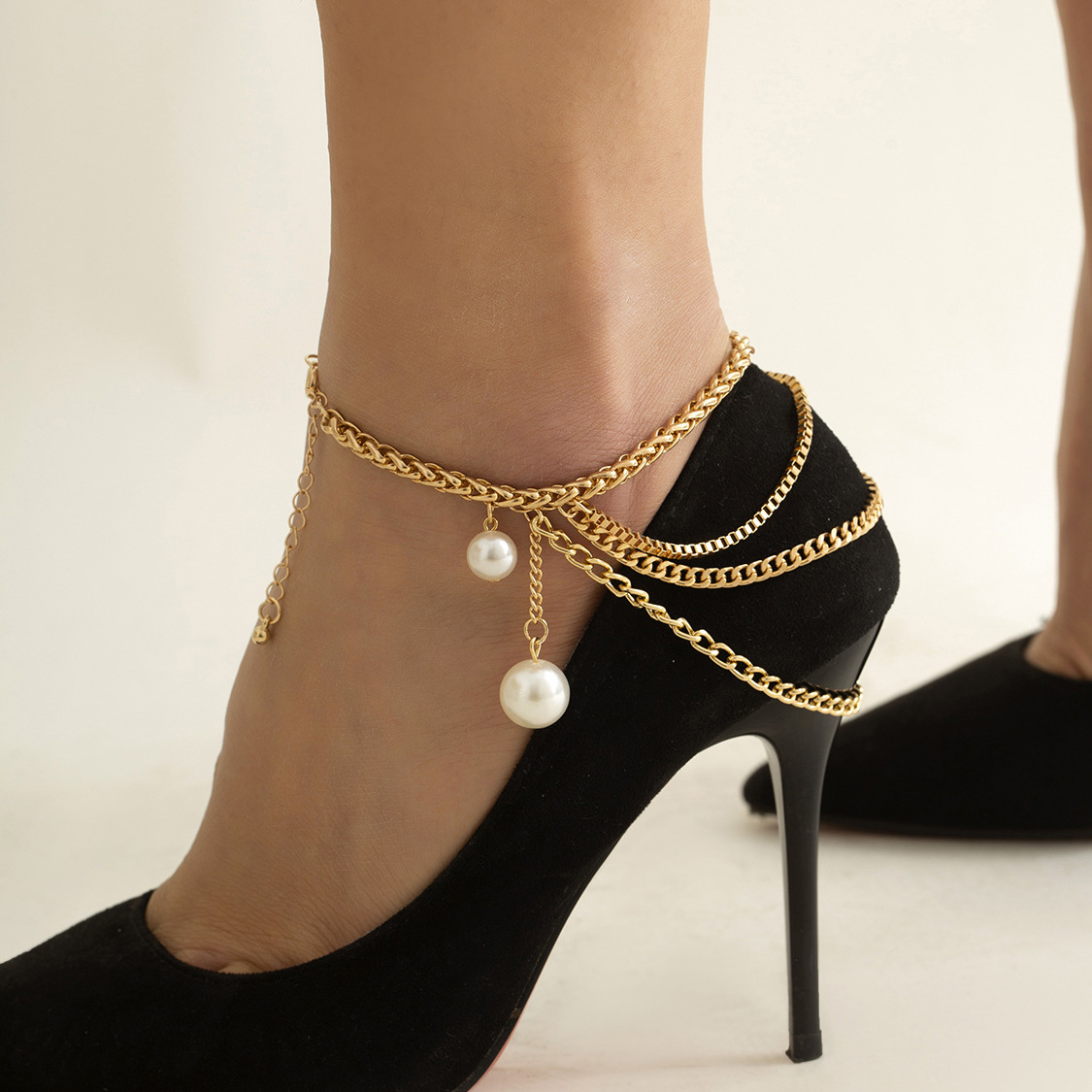 Gold Chain Layered Design Pearl Anklet