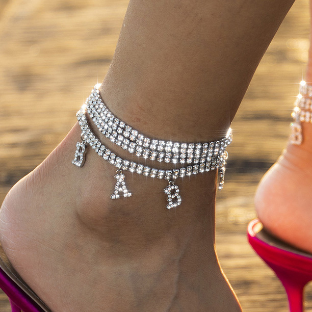 Silvery White Layered Letter Rhinestone Anklet