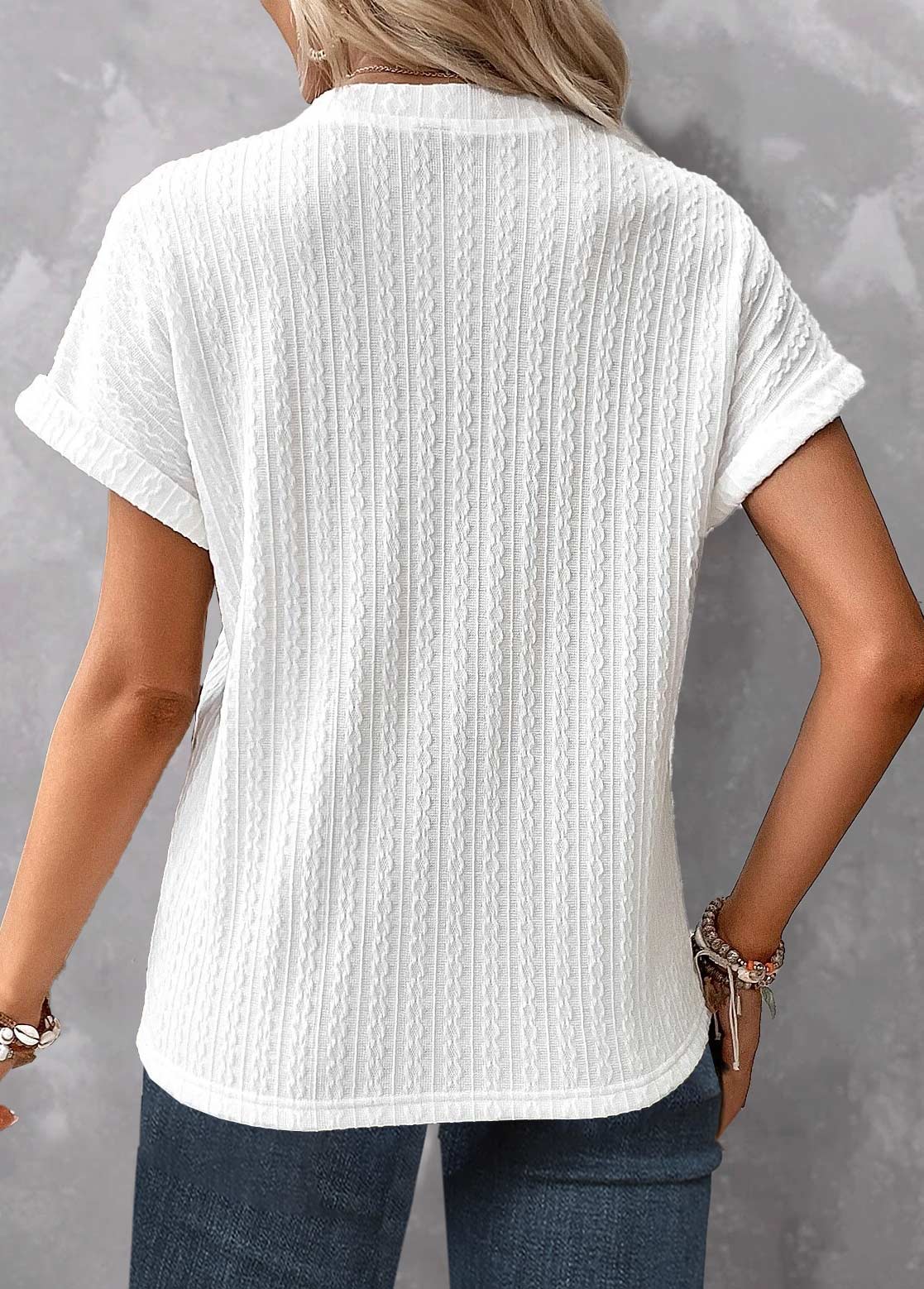 White Button Short Sleeve Split Neck T Shirt
