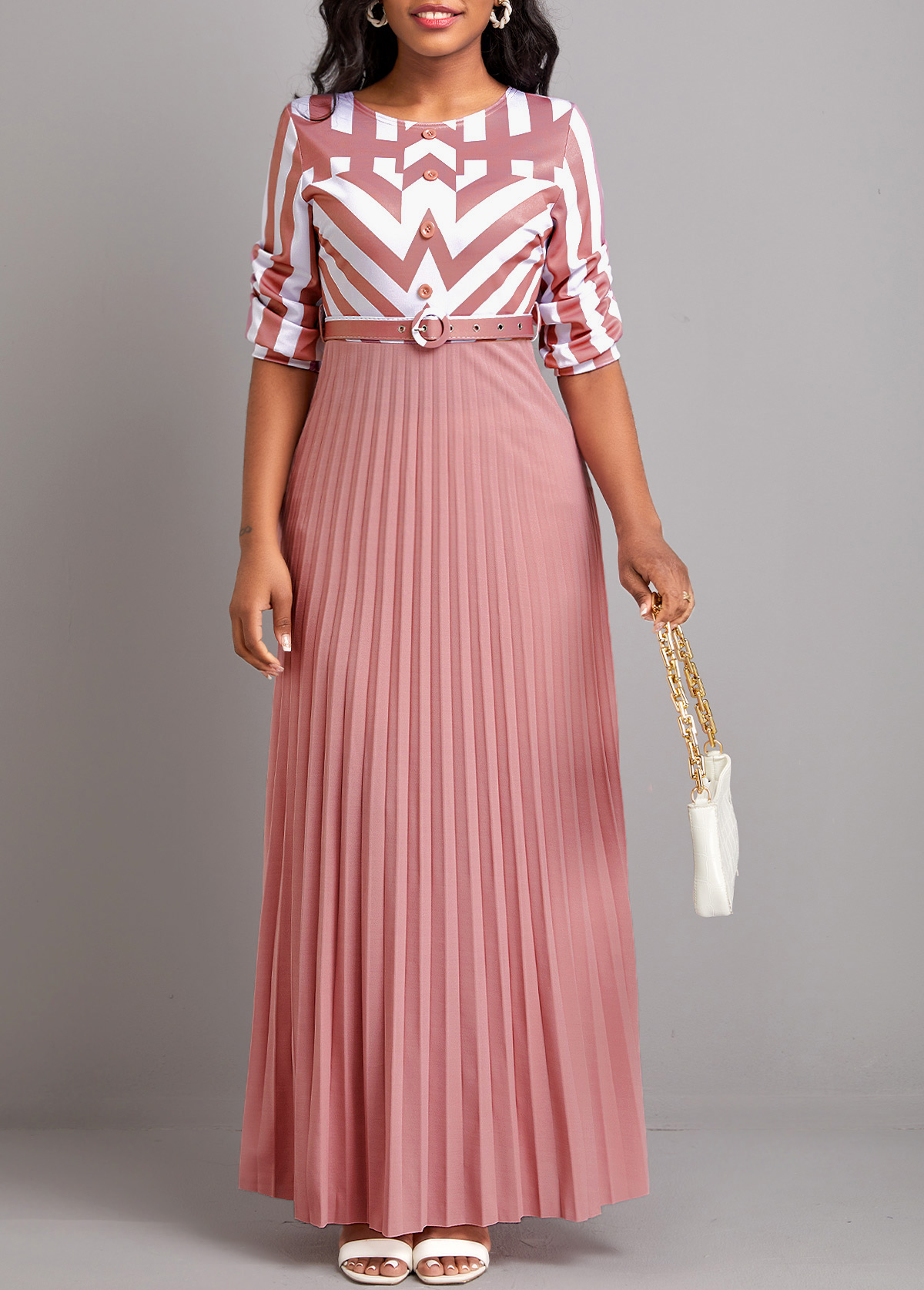 Pink Button Geometric Print Belted Maxi Dress