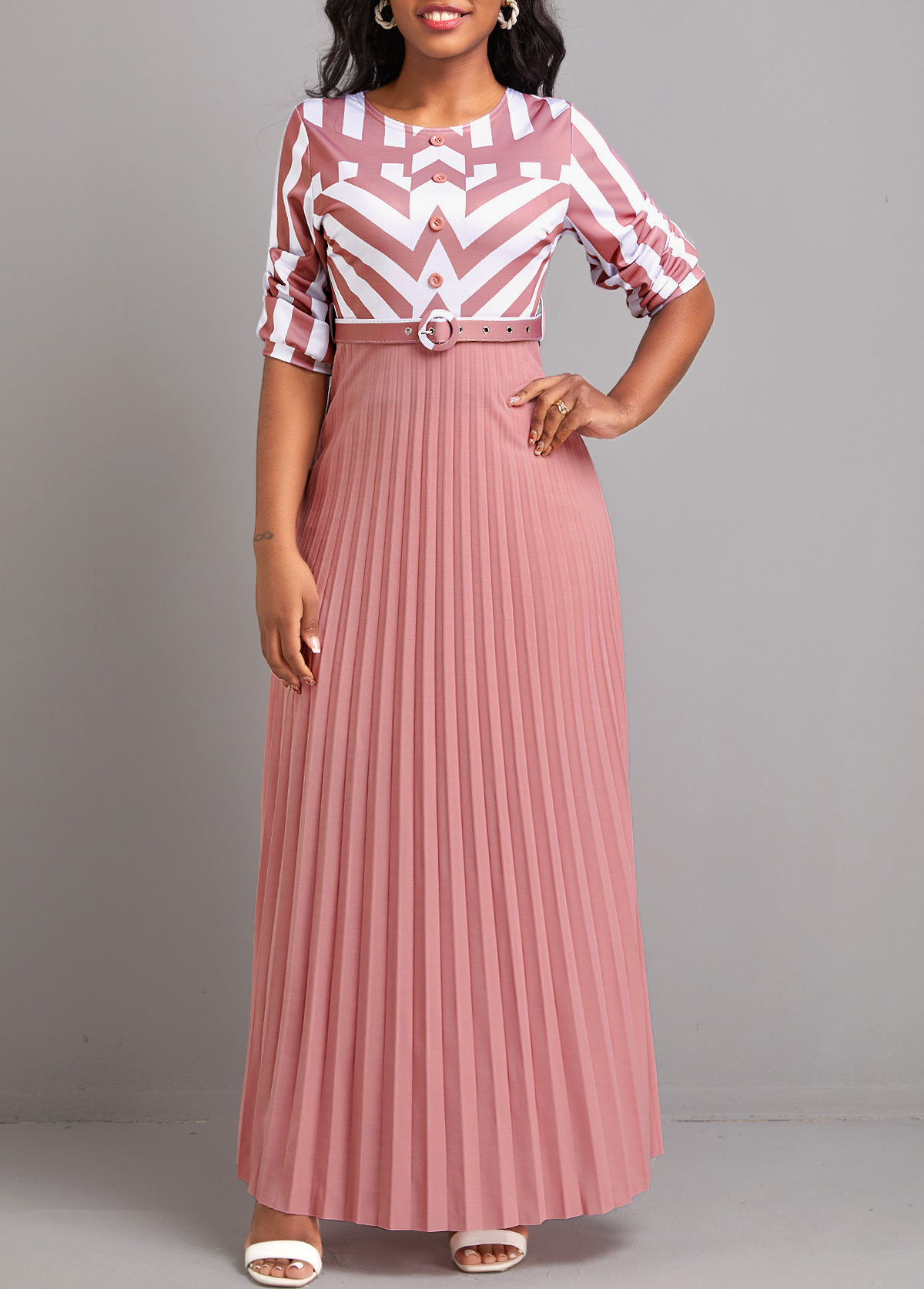 Pink Button Geometric Print Belted Maxi Dress